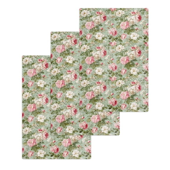 White Pink Flower Kitchen Dish Towels for Drying Dishes Set of 3, Shabby Chic Spring Vintage Leaf Green Waffle Weave Microfiber Hand Tea Bathroom Towels Quick Dry & Absorbent Towel 15.7x23.6