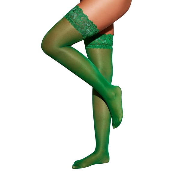 TELOLY Women'S Lace Top Thigh High Sheer Stockings Antiskid Silicone Ultra Shimmery Pantyhose Trendy Green Tights