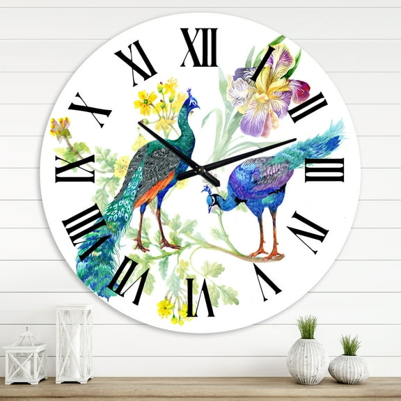 Designart 'Peacocks And Iris Flowers' Traditional Wall Clock
