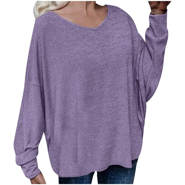 Pompotops Women's Solid Loose Lace Up Back Shoulder Drop T-shirt Clearance