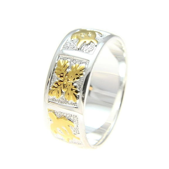 Sterling silver 925 Hawaiian 2 tone yellow gold plated honu turtle quilt 8mm band ring size 14