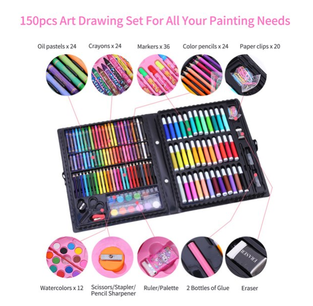 Kids Art Set 150 Piece Art Supply Set, Traveling Or Indoor Art Set To  Inspire Kids Creativity, Draw, Paint, Color and Craft With Carry Case
