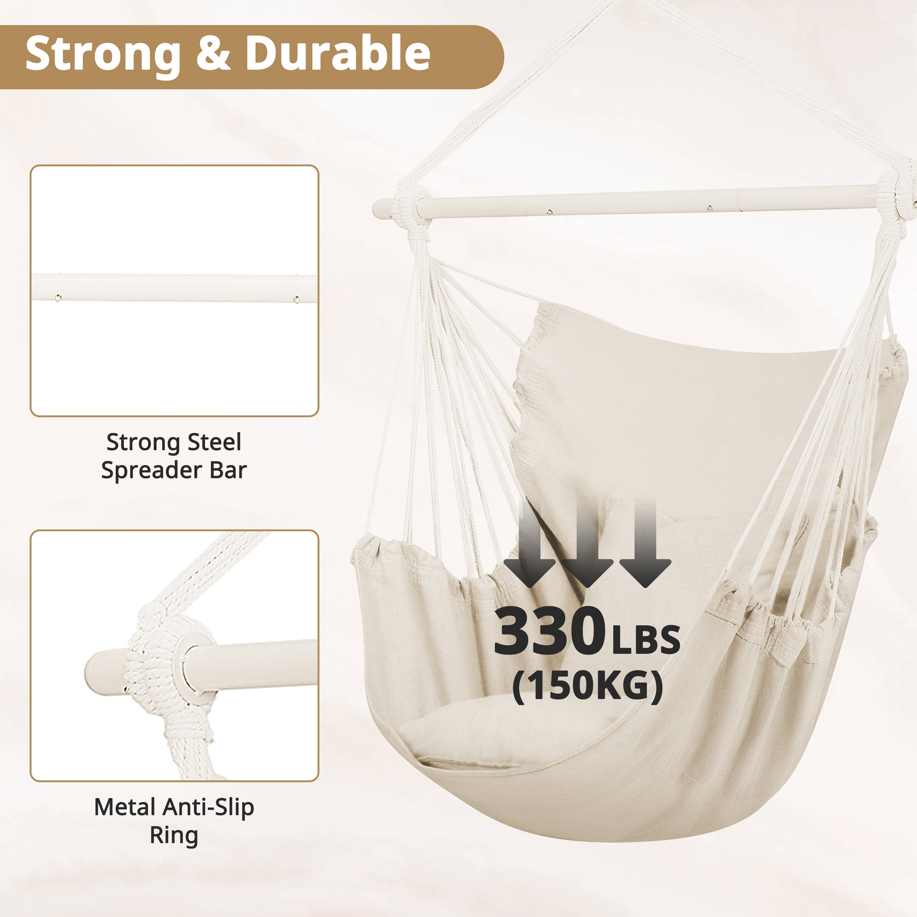 Large Hammock Chair Swing, Relax Hanging Rope Swing Chair with Detachable Metal Support Bar & Two Seat Cushions, Cotton Hammock Chair Swing Seat for Yard Bedroom Patio Porch Indoor Outdoor