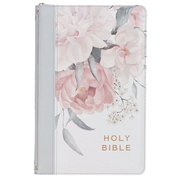 KJV Holy Bible, Deluxe Gift Bible with Thumb Tabs, Ribbon Marker, King James Version, Faux Leather, Frosty Gray and Pink Floral, Zipper Closure