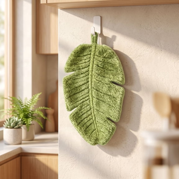 Cute Leaf Shaped Hanging Hand Towel, Absorbent Soft Plush Fingertip Towel with Hanging Loop, Decorative Plant Hand Towel, for Kitchen, Bathroom and Living Room