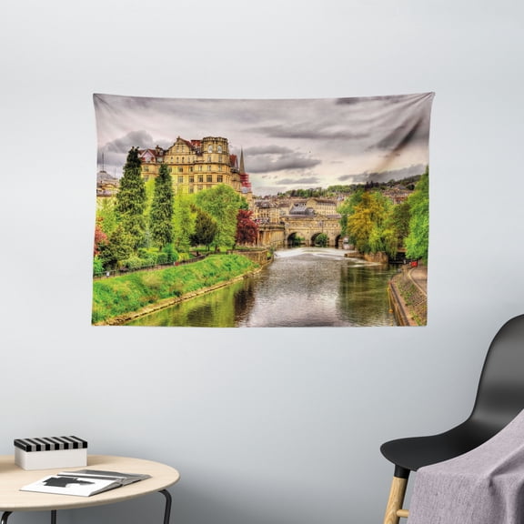 Landscape Decor Tapestry, Nature Theme View of Bath Town over The River Avon in England Digital Print, Wall Hanging for Bedroom Living Room Dorm Decor, 60W X 40L Inches, Fern Green, by Ambesonne