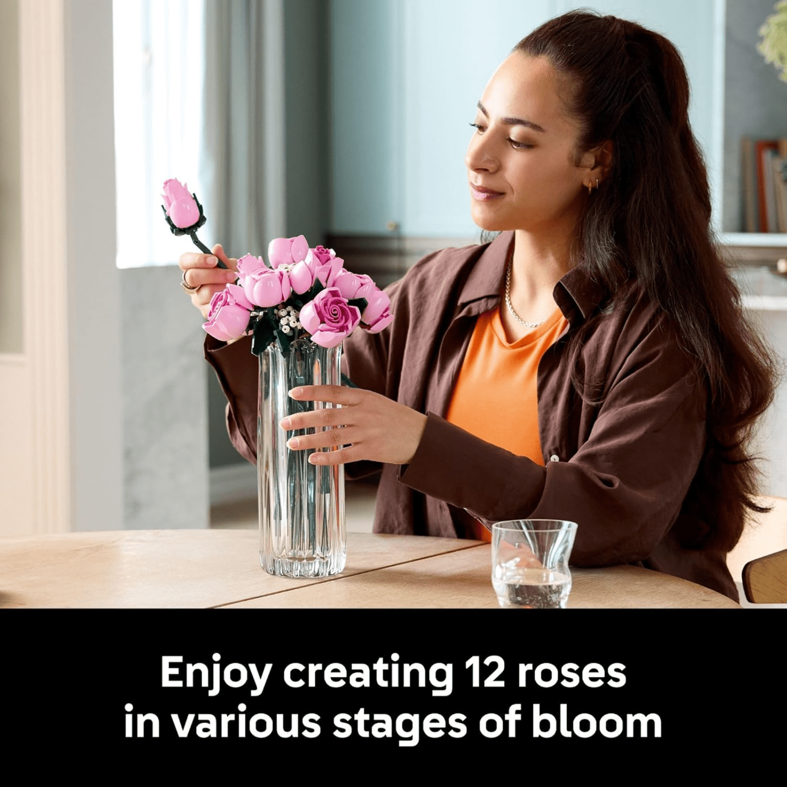Bouquet of Pink Roses Building Kit 10374 Artificial Flowers Room Decor Blocks for Adults 18 Plus 789 Pieces
