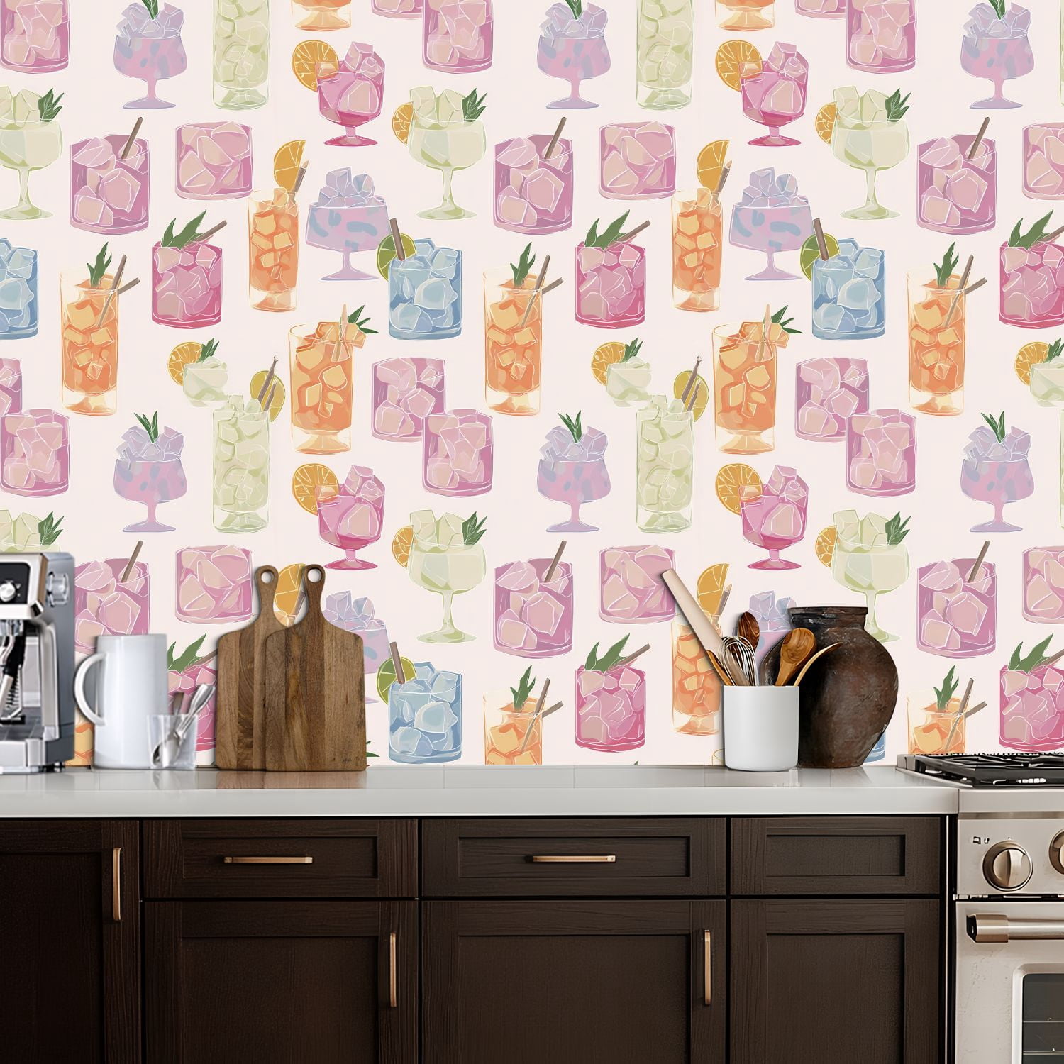 Peel and Stick Wallpaper Colorful Cocktail Glass Ice Cubes Citrus Pastel Style Wall Mural 17.7in x 9.8ft Self Adhesive Removable Wall Paper Renter Friendly Wallpaper for Nursery Bedroom Cabinets