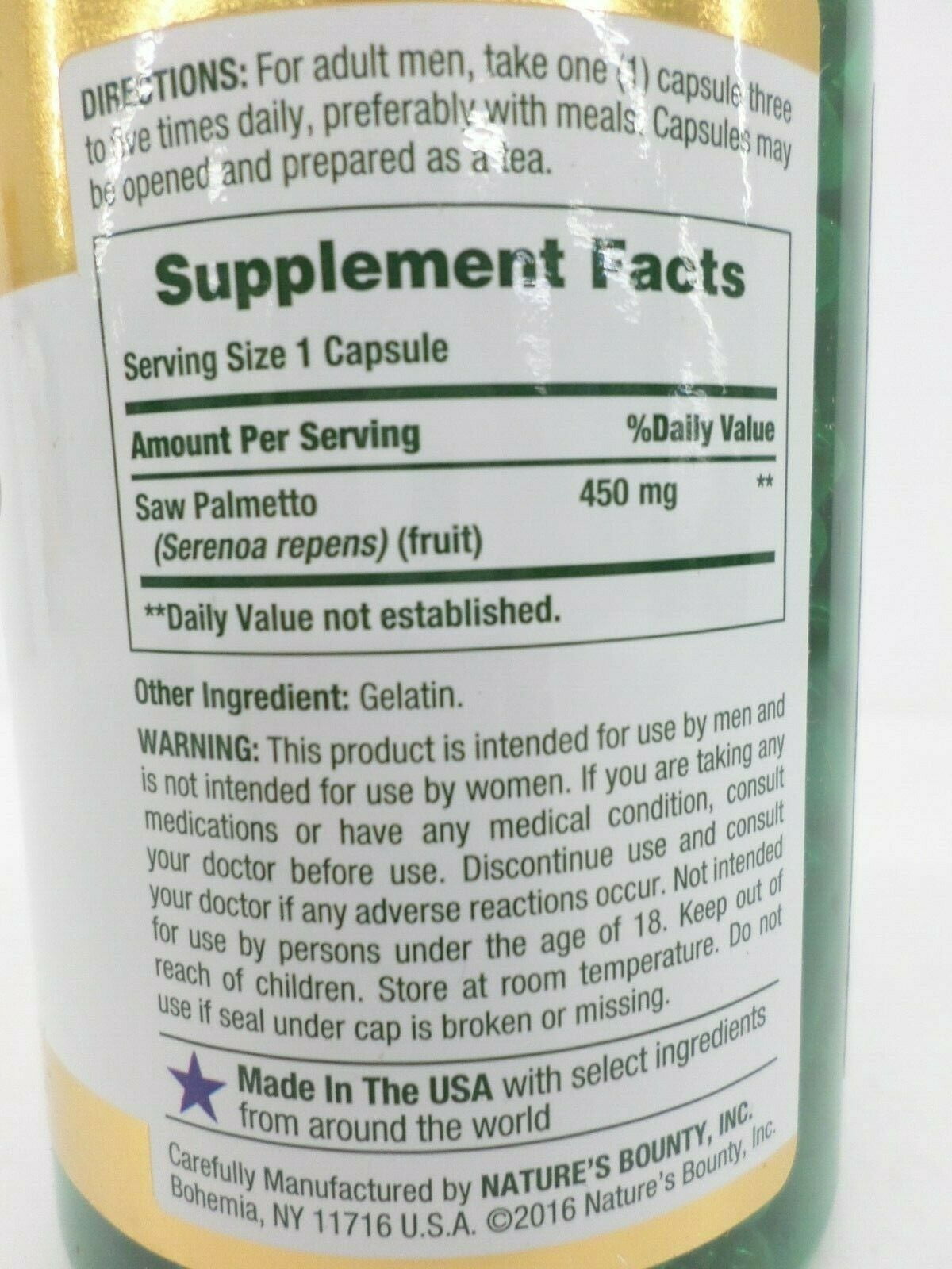 Nature's Bounty Saw Palmetto 450 mg Capsules 250 ea (Pack of 3)