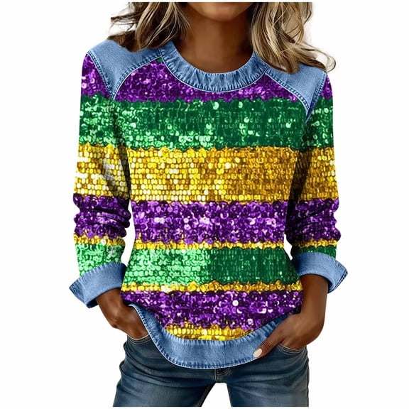 Craaazy Mardi Gras Shirts for Women Long Sleeve Casual Round Neck Carnival Printed Loose Denim Patchwork Printing Fashion Clothes Gifts