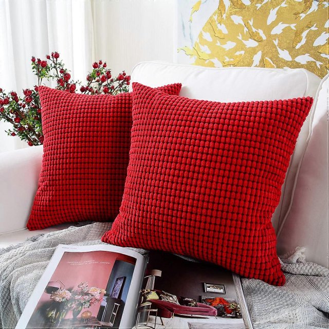 Funda de cojín cuadrada de pana suave para decoración de Año Nuevo y Navidad, 45 x 45 cm, color rojo
