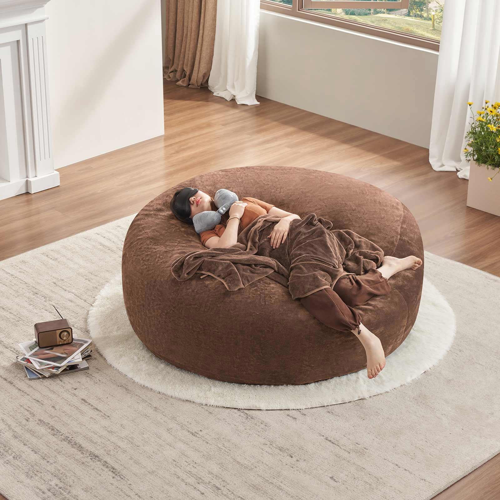 Hommoo 6FT Bean Bag Chair, Memory Foam Filling Soft Sofa with Flannel Cover, Round Sofa for Living Room, Bedroom, College Dorm, Coffee
