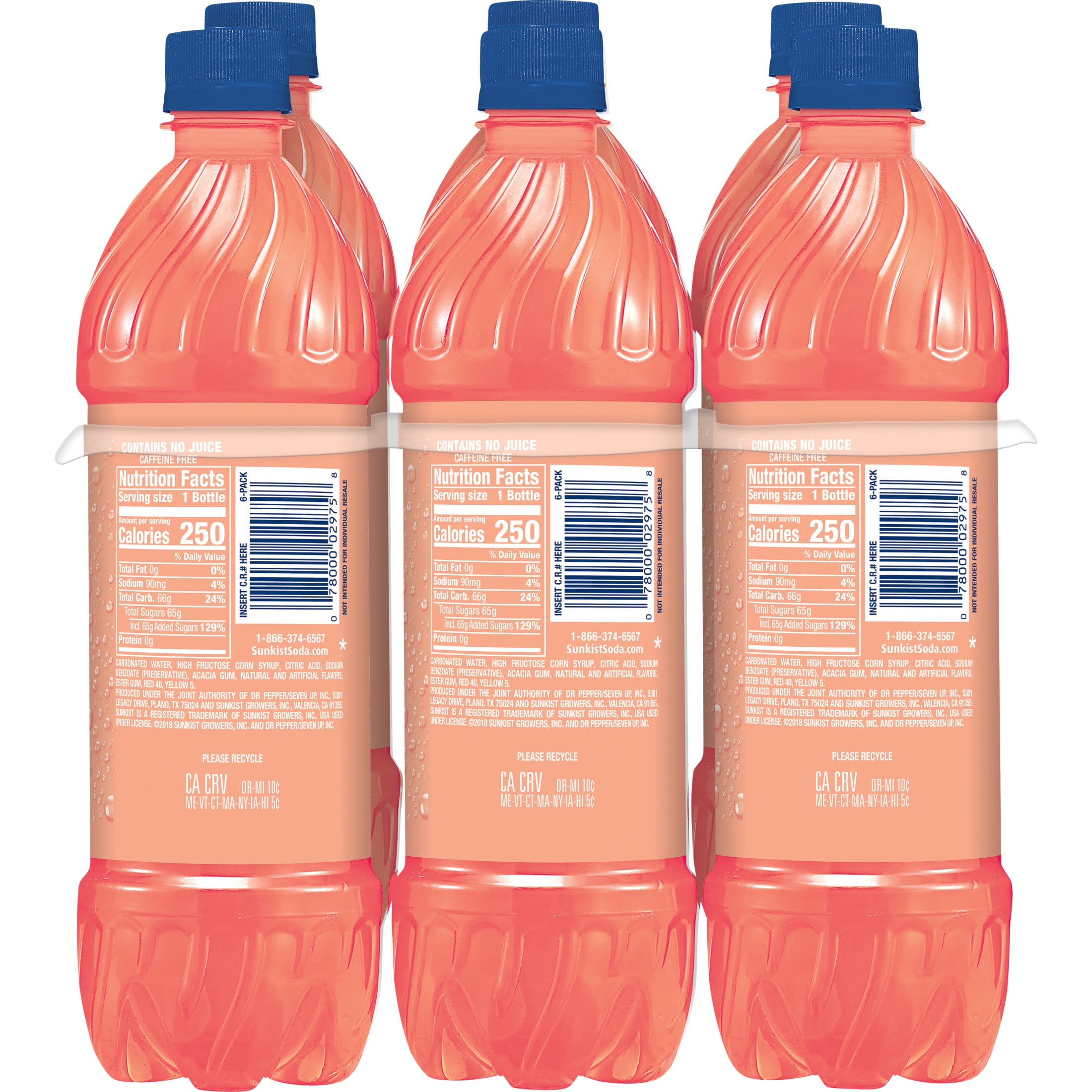 Sunkist Caffeine Free Peach Soda Pop, 16.9 fl oz, 6 Pack Bottles