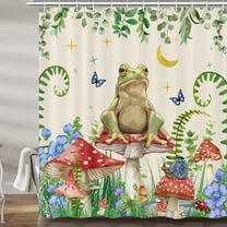 Boho Mushroom Shower Curtain, Frog Snail Butterfly Floral Aesthetic Fabric Shower Curtains Set For Bathroom, Green Plant Leaves Botanical Restroom Decor Accessories With Hooks 72X 72 Inch Beige