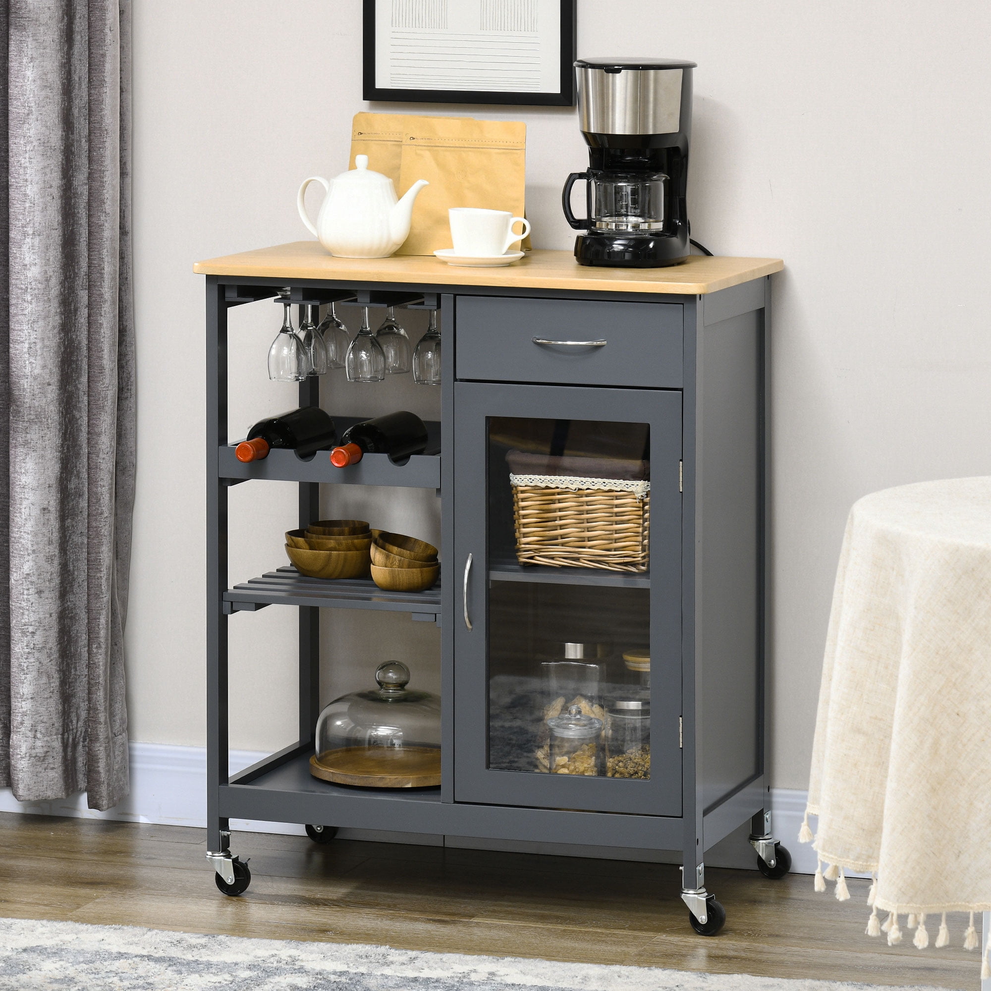 Kitchen Cart Rolling Kitchen Island with Stemware Holder, Shelves, Drawer and Cabinet for Wine Storage & Home Decor