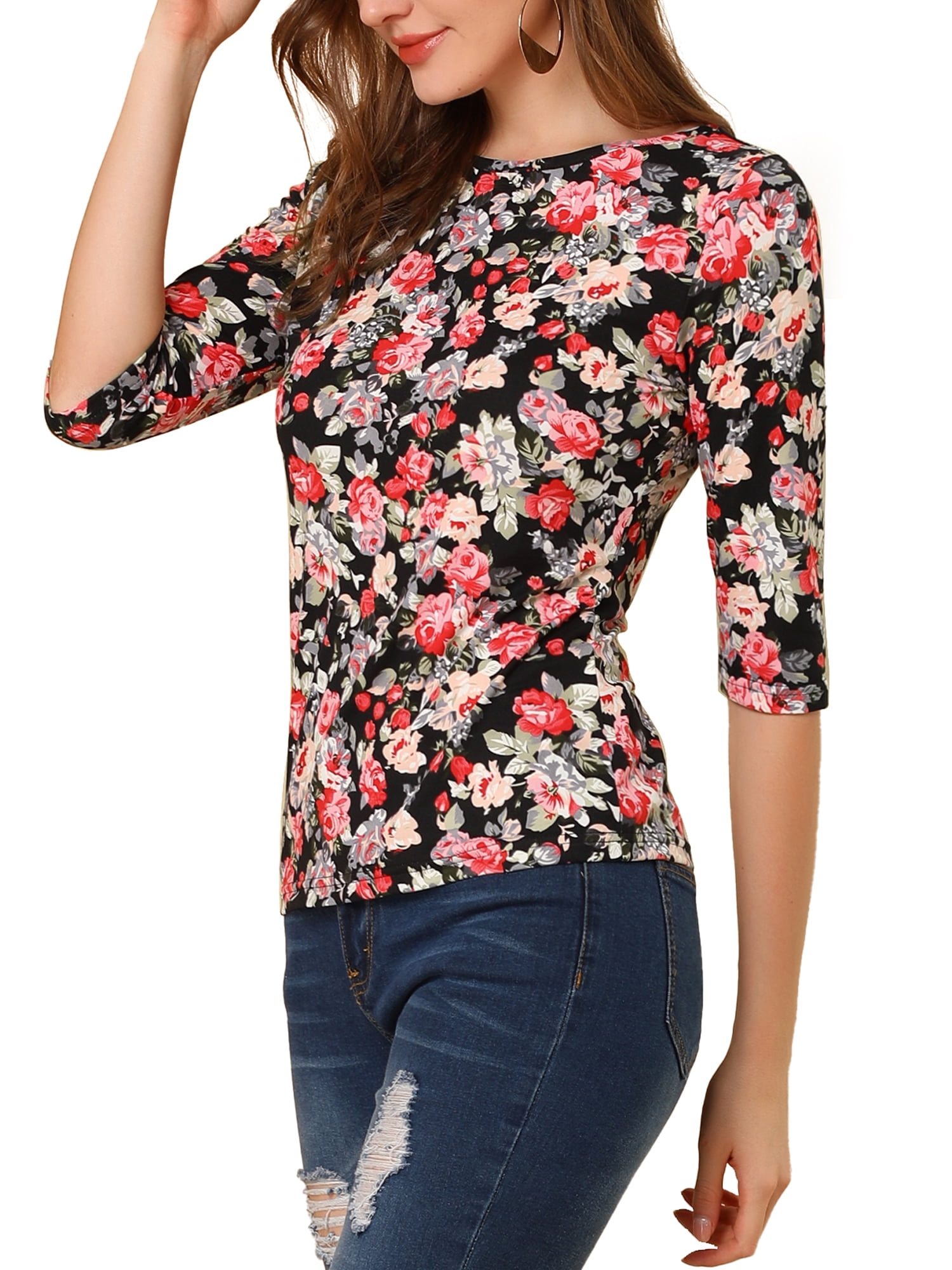 DARING DIVA Women's Halloween Costume 1/2 Sleeve Floral Top XL Black-Floral