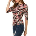thumbnail image 4 of INSPIRE CHIC Hauts pour Femmes Non Doublés Col Rond Manches au Coude Coupe Ajustée T-Shirt Décontracté S Noir-Floral, 4 of 7