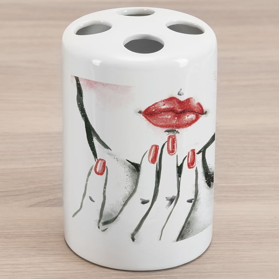 Lips Ceramic Toothbrush Holder, Sketched Illustration of a Woman with Red Nails and Blushed Cheeks, Decorative Versatile Countertop for Bathroom, 4.5" X 2.7", Charcoal Grey White