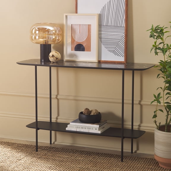 Safavieh Kayleigh Modern Wood and Metal Console Table, Dark Sandstone/Matte Black