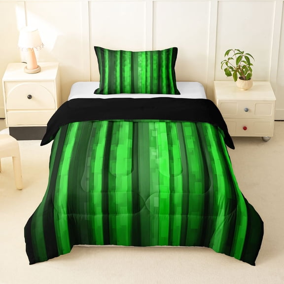 Manfei Pixel Vertical Streak Twin Comforter Sets, Green Block Bedding Set, Green Black, Black Reversible 2 Pieces, 1 Comforter and 1 Pillowcase