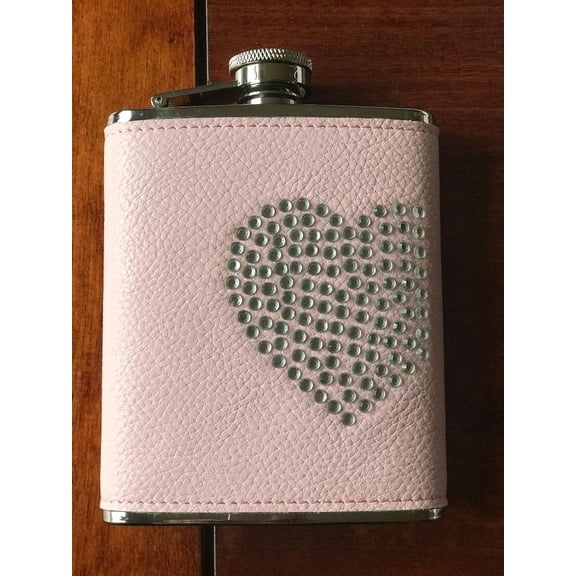 TB06-3179CPU Pink leather and heart flask, 6 Oz, Stainless Steel