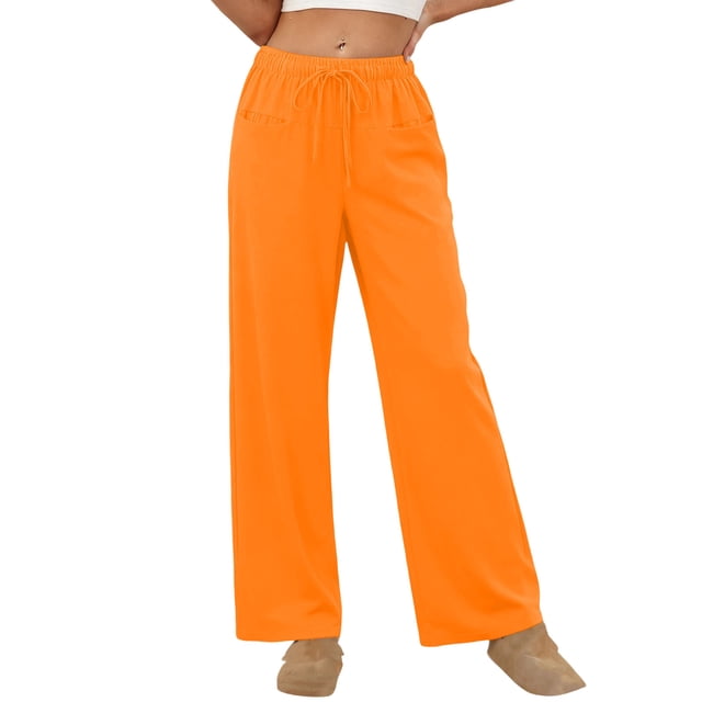 Amzcrzy Pantalones Mujer A Rayas Informales Cintura Alta Cordón Elástico Tipo Bóxer Cómodos Holgados Anchos Con Bolsillos Tallas S-2XL Naranja