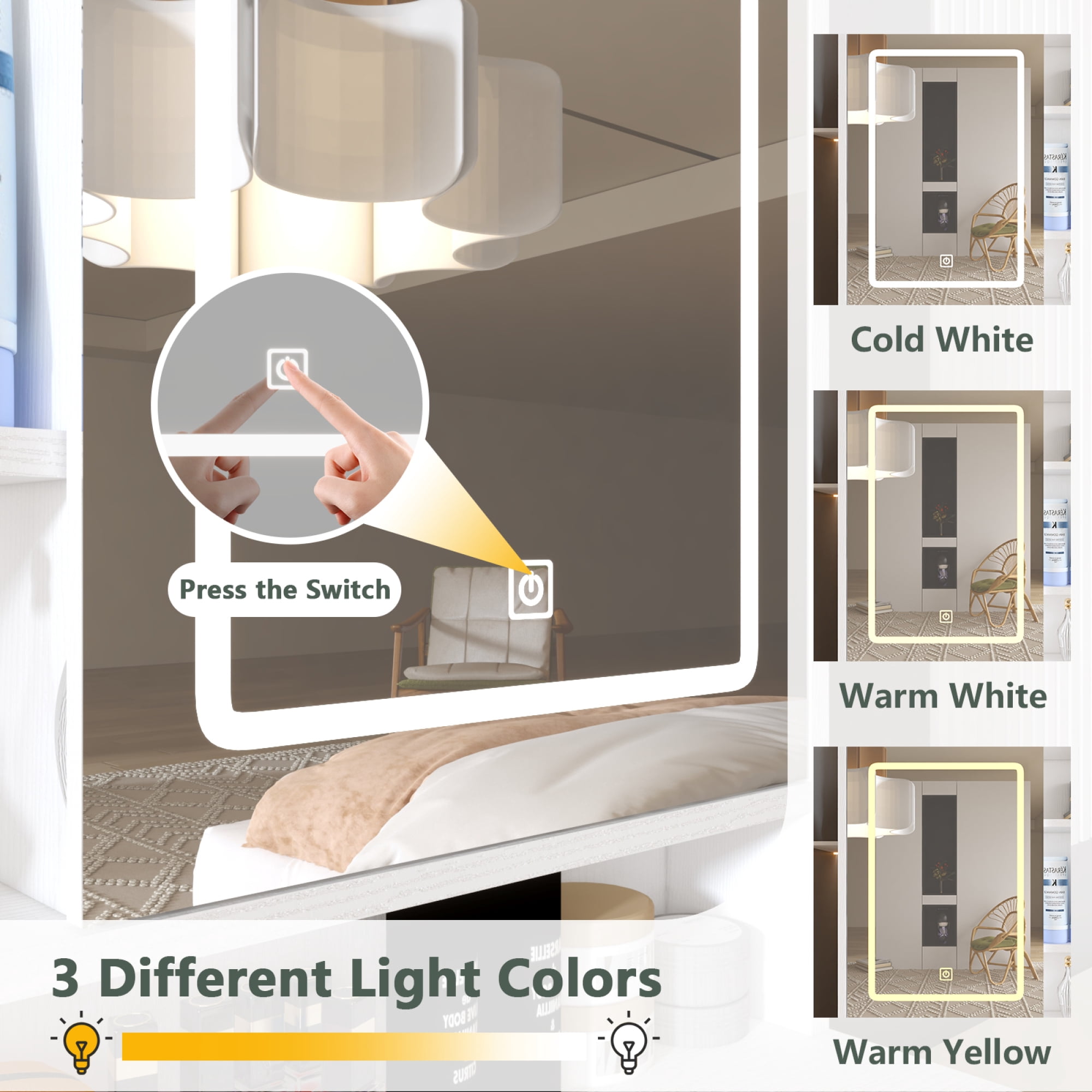 Makeup Vanity with Lights in 3 Colors Vanity Desk with 4 Drawers & 1 Cabinets for Bedroom