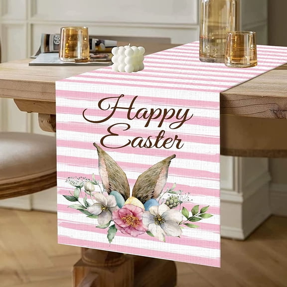 Easter Table Runner 13x72 Inch with Pink Stripe and Bunny Ear Pattern, Easter Holiday Spring Kitchen Dining Table Decoration Indoor Outdoor, Coffee Farmhouse Table Runner