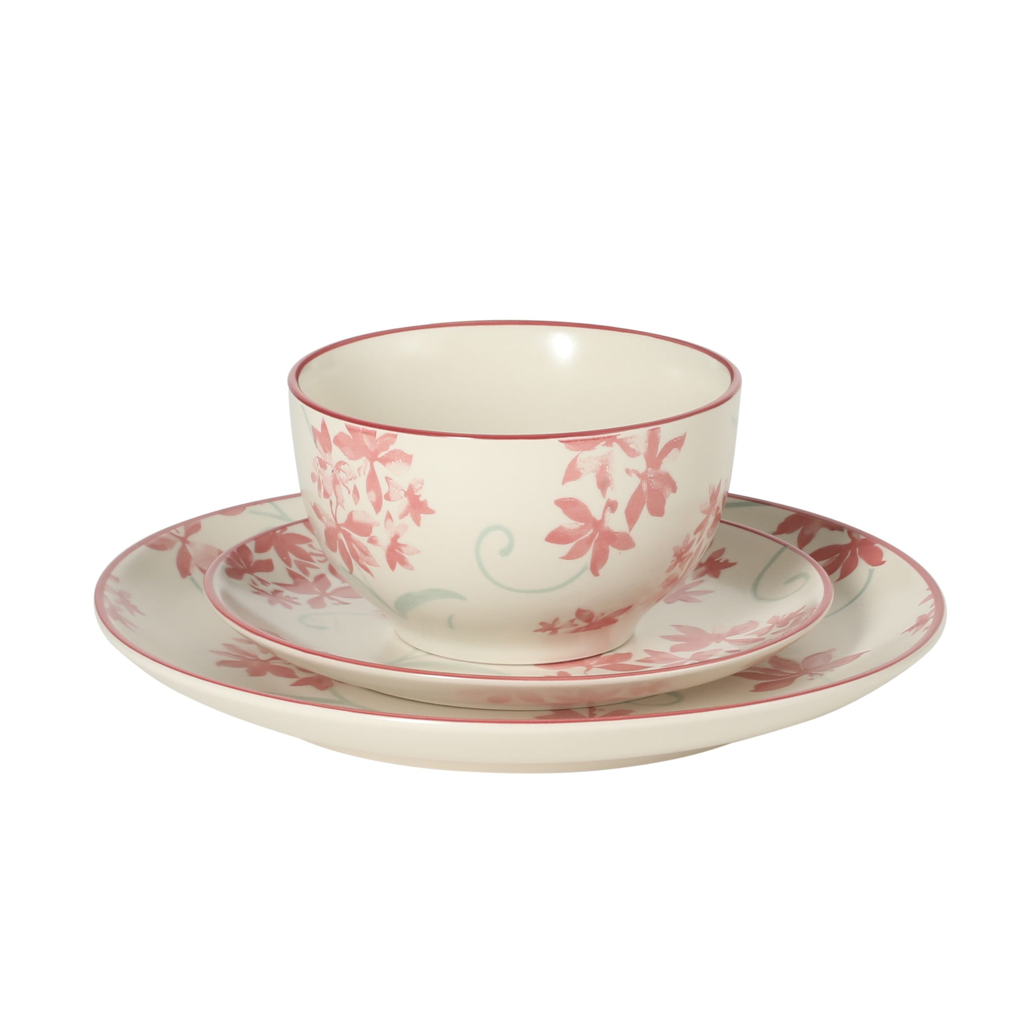 Gibson Home Admiral Hall 12-Piece Stoneware Dinnerware Set, Pink Floral Plates and Bowls, Microwave and Dishwasher Safe, Set for 4