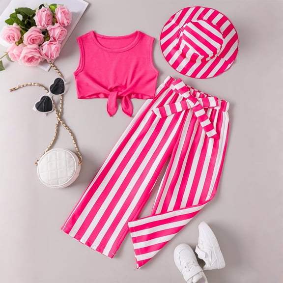 Sentuca Girls Summer Outfit Sets Tank Tops and Wide Leg Pants and Sun Cap 3PC Casual Toddler Clothes Size 3 Years