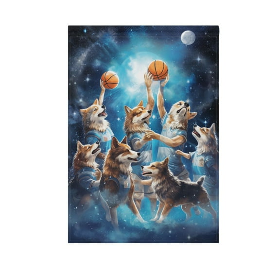 Wolf Play Basketball Garden Flag House Banner 12" x 18" Double Sided Outdoor Yard Decoration