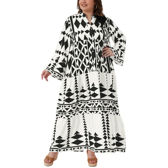 Agnes Orinda Women's Plus Size Bohe Dress Pattern Flowy Button Flared Bell Long Sleeve Tiered Casual Fall A Line Maxi Dress 1X Black