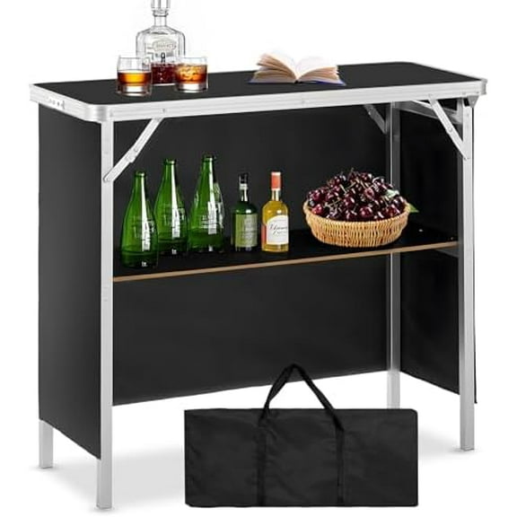 Portable Bar Table with Storage Shelves, Folding Mobile Bartending Station with Removable Skirt, Carry Case, for Events, Party, Camping, Picnic, Tradeshow, Indoor, 38.5 "L x 34.5" H