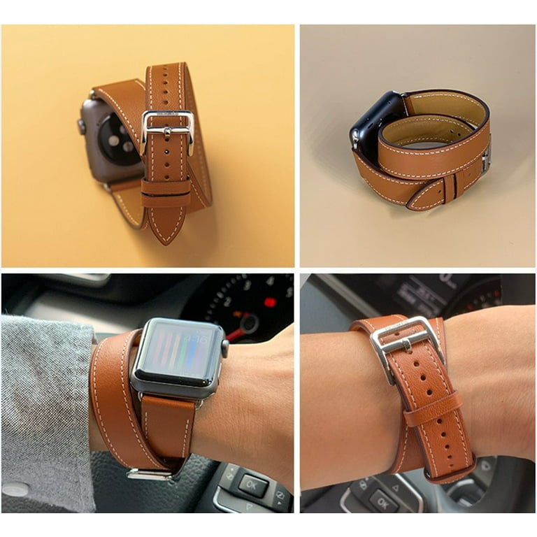 Double Tour Compatible with Apple watch bands 44mm 40mm 45mm 41mm 38mm 42mm  Ultra 49mm Genuine Leather bracelet Replacement iWatch series 9 8 7 SE 6 5  4 3 2 1 Strap Light blue 