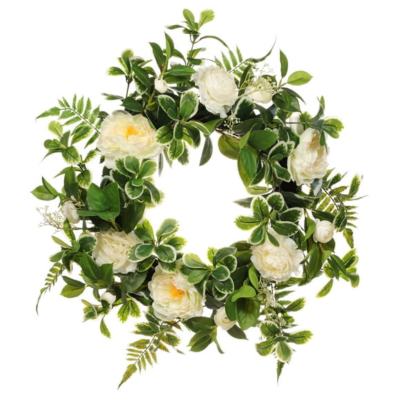 Puleo International 24" Artificial Camellia,Peony Floral Spring Wreath With Green Leaves