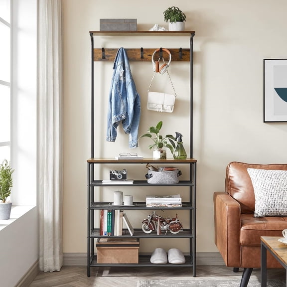 Hall Tree with Shoe Bench, Coat Rack Shoe Bench, 5-Tier Shoe Rack Different Heights, 5 Dual Hooks, Top Shelf, Entryway Organizer, Hallway Bedroom Dorm, Rustic Brown and Black