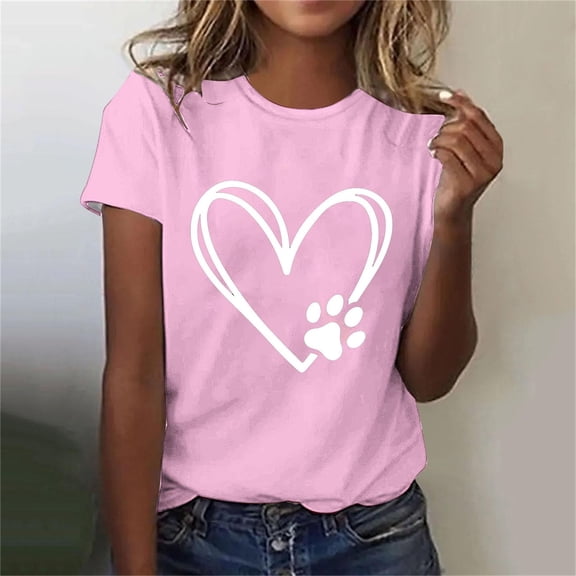 Lilgiuy National Pet Day Paw Print Shirts for Women Summer Solid Color Dog Mom Love Heart Graphic Tee Casual Crewneck Short Sleeve Pullover T-Shirt for Mothers'Day(Pink,L)