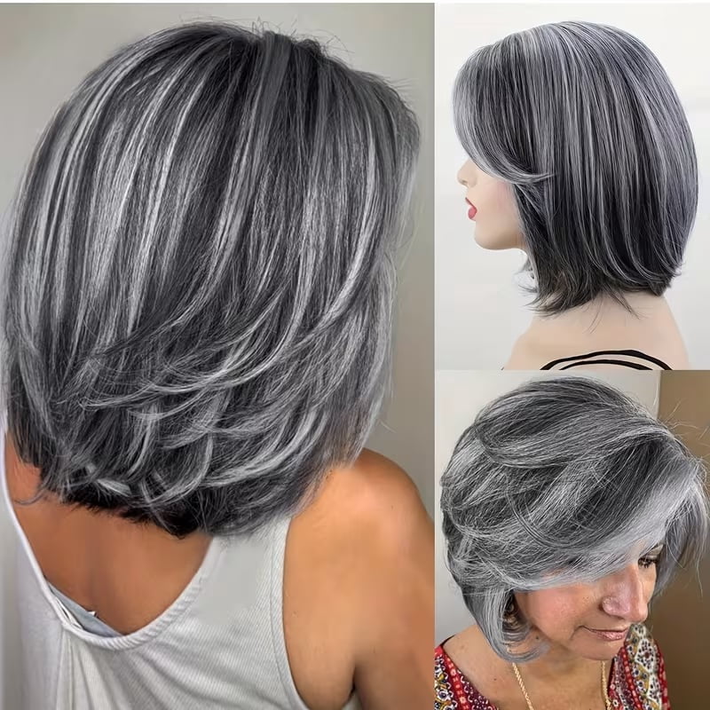 Silver layered wig for women, short straight bob with curtain bangs, suitable for daily parties, gradient color design