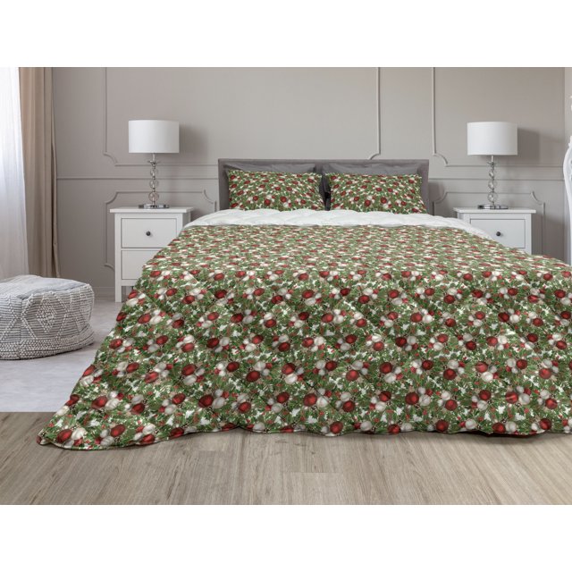 Christmas Comforter & Sham Bedding Set, Pine Fir Cones Balls and Coniferous Tree Leaves Holly Berry Old Fashioned, 3 pcs Duvet Set Microfiber Filling Quilt, 5 Sizes, Red Green Grey, by Ambesonne