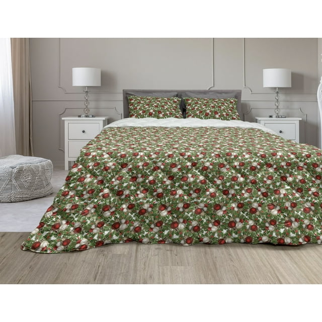 Christmas Comforter & Sham Bedding Set, Pine Fir Cones Balls and Coniferous Tree Leaves Holly Berry Old Fashioned, 3 pcs Duvet Set Microfiber Filling Quilt, 5 Sizes, Red Green Grey, by Ambesonne