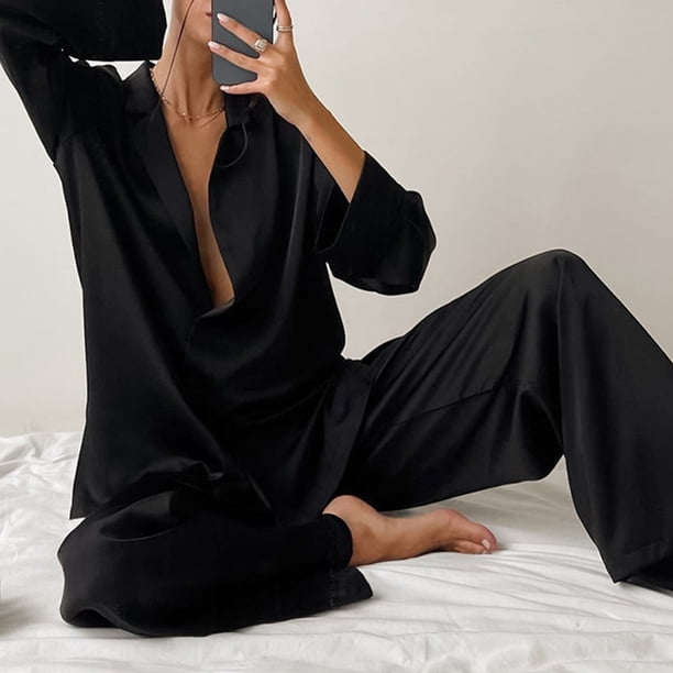 Conjunto de ropa de dormir de satén para mujer,Conjunto de pijama de satén Conjunto de ropa de dormir de satén de seda larga Conjunto de pijama de satén de un solo pecho Diseñado con precisión
