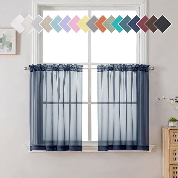 OVZME Sheer Kitchen Curtain Tiers 2 Pack, Light Filtering Small Curtains Short Bathroom Living Room Cafe Basement Voile Window Curtains, Top Rod Pocket, 42W x 24L Inches, Navy Blue