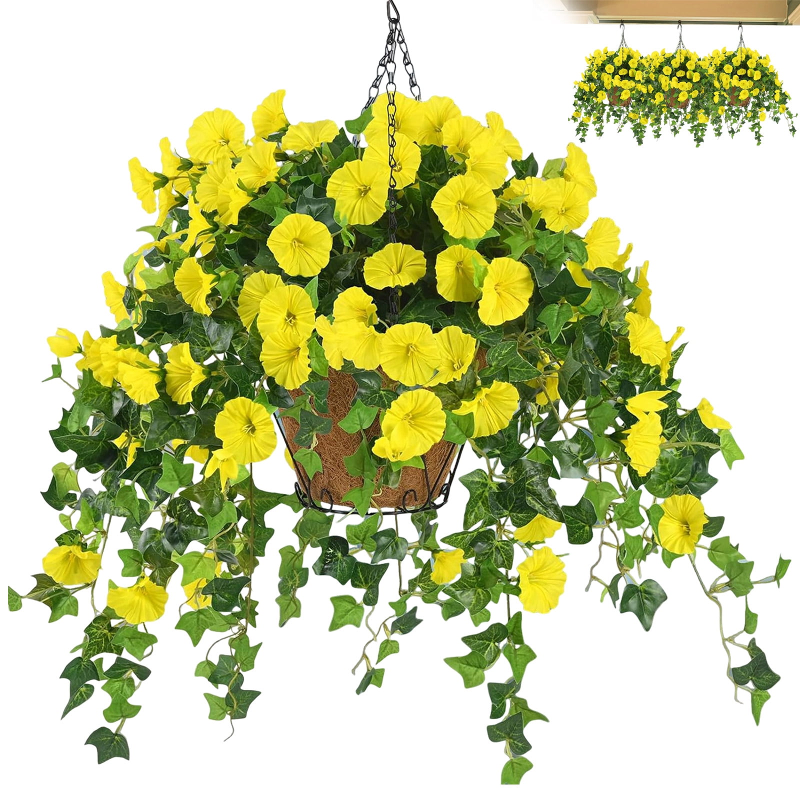 Dwellin Artificial Hanging Fake Flowers with Baskets Plants for Outdoor Decoration Faux Silk Floral Decorations for Spring Planters Home Porch Patio Garden Decor(Yellow)