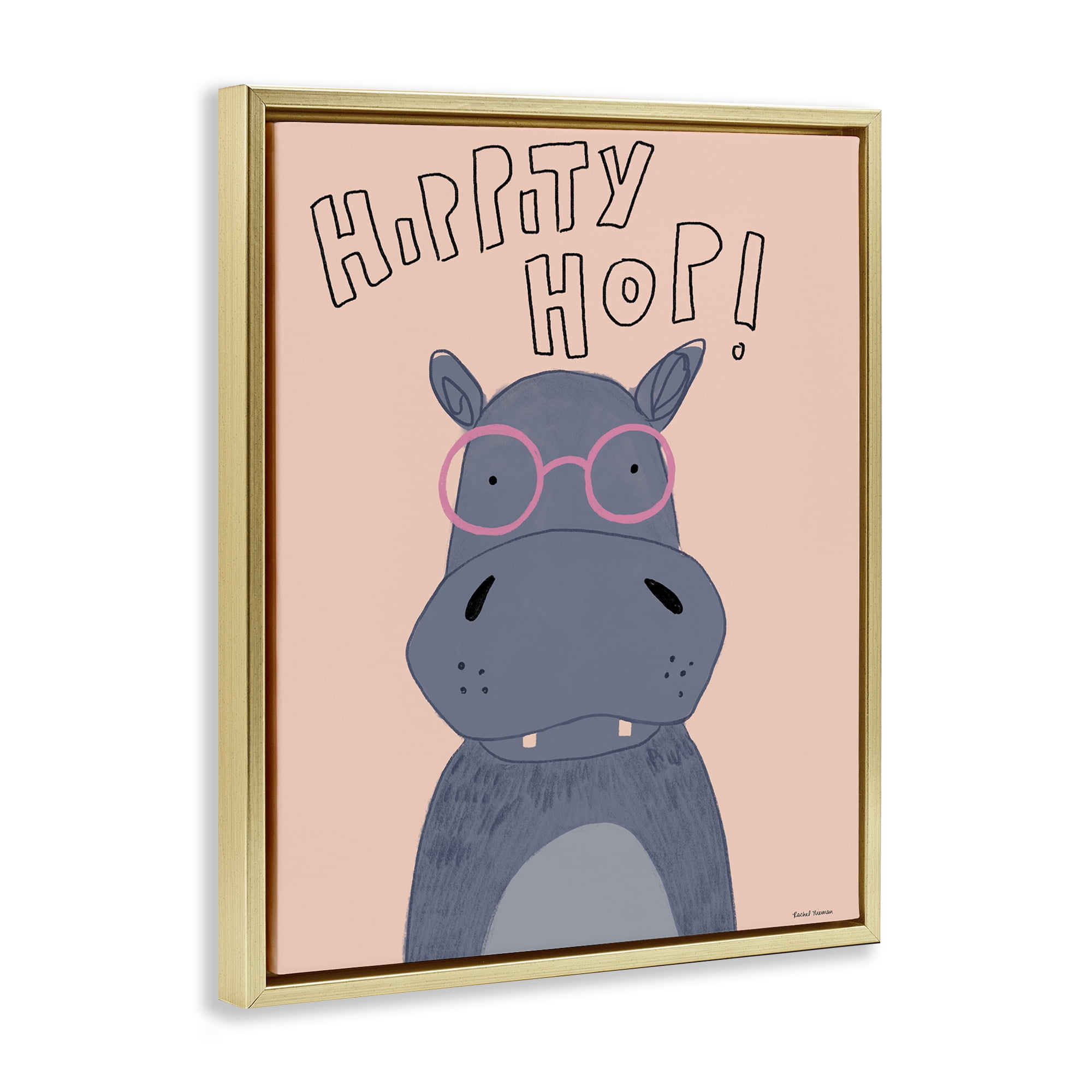 Stupell Industries Hippity Hop Hippo Gold Framed Floater Canvas Wall Art, design by Rachel Nieman