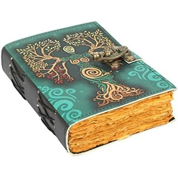 Book of Spells Leather Bound Journal Deckle Edge Paper Grimoire Printed Diary Third Eye witchcraft supply and Witch Spell Notebook Antique Vintage Book for Men and Women (Green Lady)