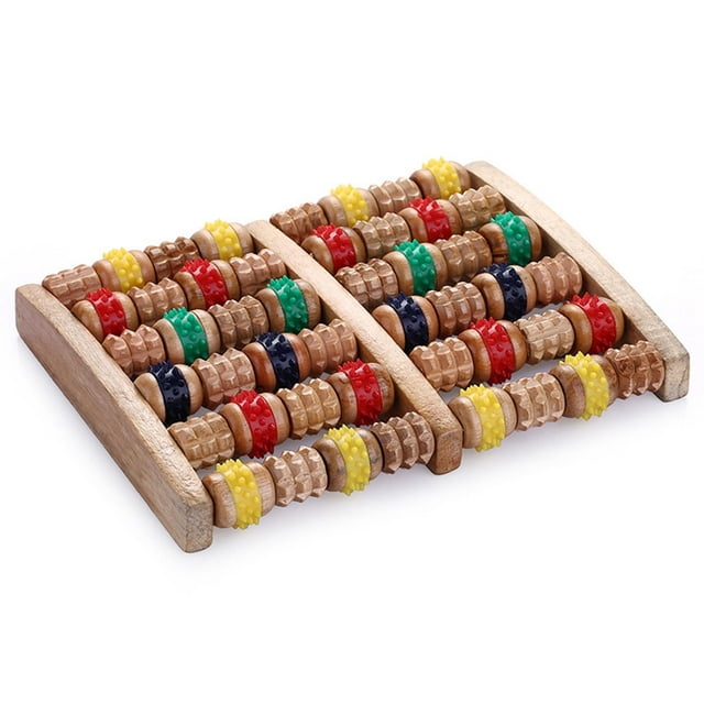 6 Rows Large Wooden Dual Foot Massager Roller Blood Circulation Care Tool for Plantar Fasciitis. This foot massager features six rows of textured wooden rollers with colourful accents, designed to provide deep tissue massage and improve blood circulation. The sturdy wooden frame has a natural finish and an ergonomic arc design for effective acupoint stimulation. Compact and lightweight, measuring 26.5 x 20 x 4 cm, it is ideal for use at home, in the office, or during travel. Suitable for individuals with plantar fasciitis, high arches, or chronic foot pain.