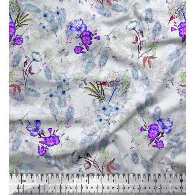 Soimoi Blue polyester Crepe Fabric Leaves & Floral Print Sewing Fabric BTY 52 Inch Wide