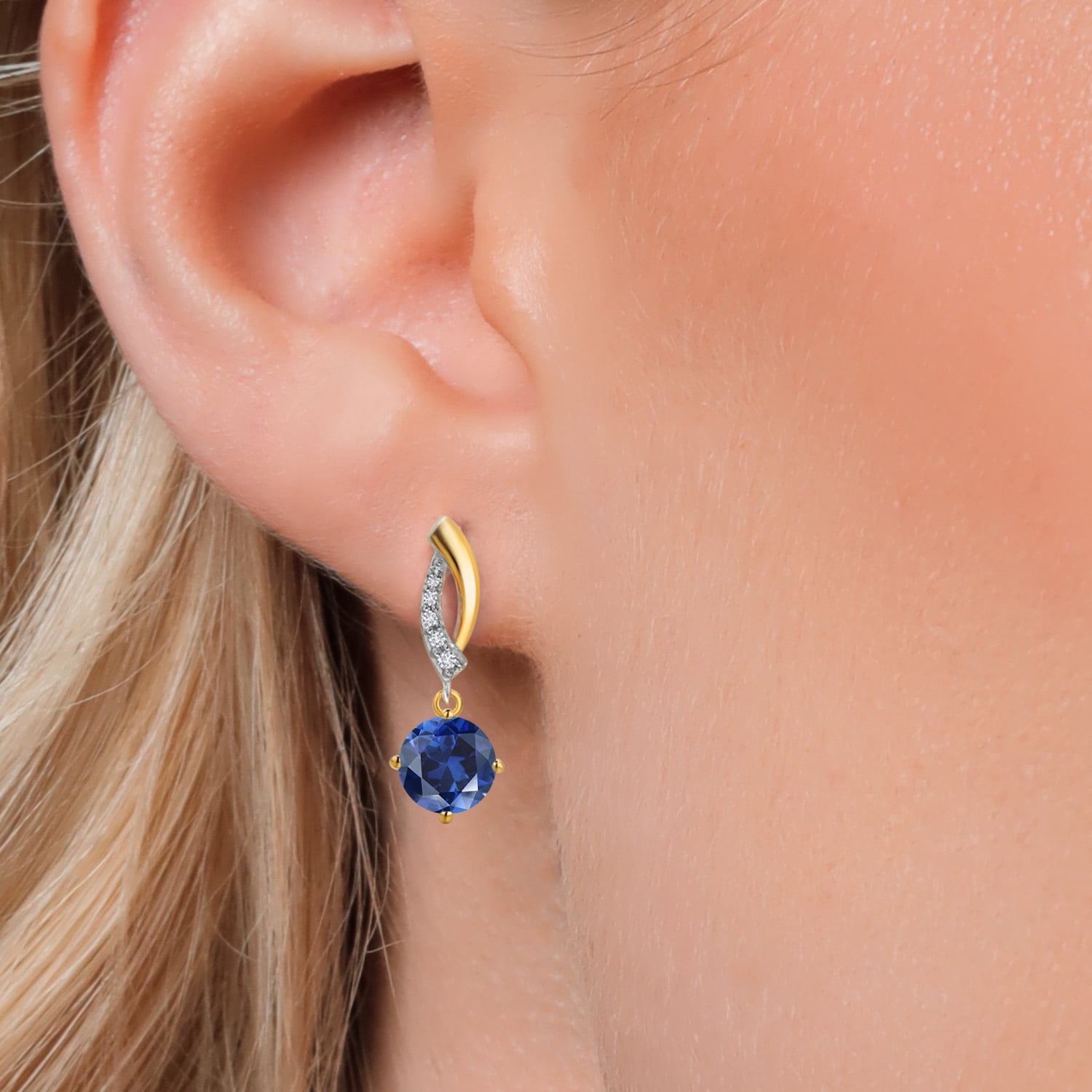 Gem Stone King 925 Silver and 10K Yellow Gold Blue Created Sapphire and White Lab Grown Diamond Dangle Earrings for Women | 2.05 Cttw | Gemstone September Birthstone | Round 6MM