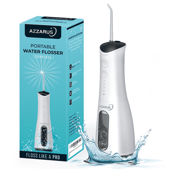 Cordless Water Flosser, Rechargeable Oral Irrigator with 5 Tips, Portable Water Flosser for Teeth, Travel & Home – AZZARUS (White)