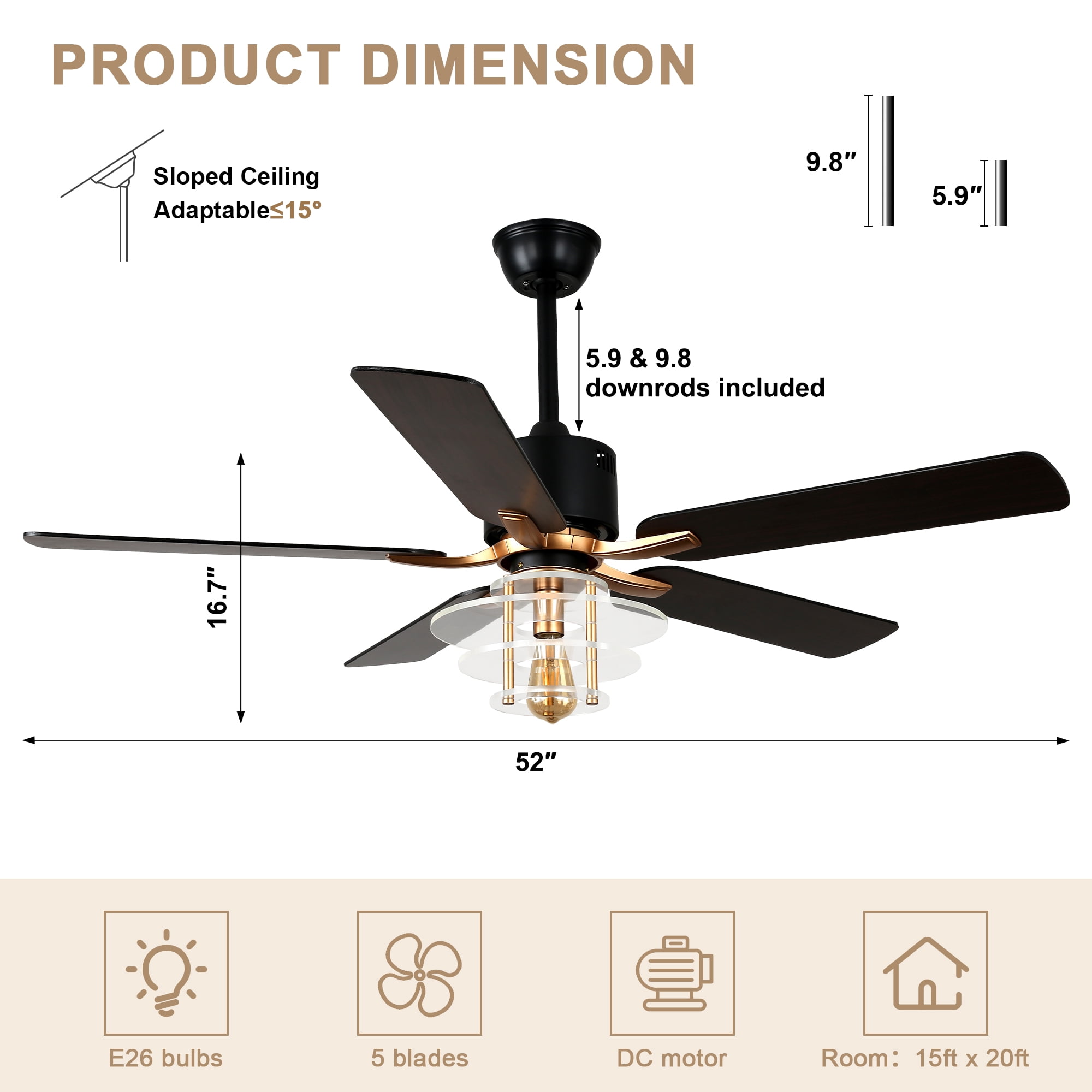 Bella Depot 52" Modern Black Ceiling Fan 6-Speed Reversible with Light and Remote Control